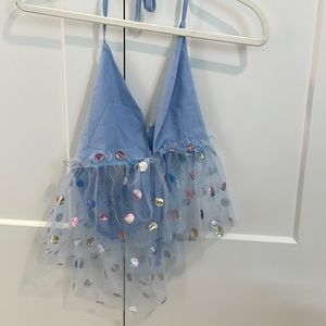 Light blue top; Tulle polka dot bottom